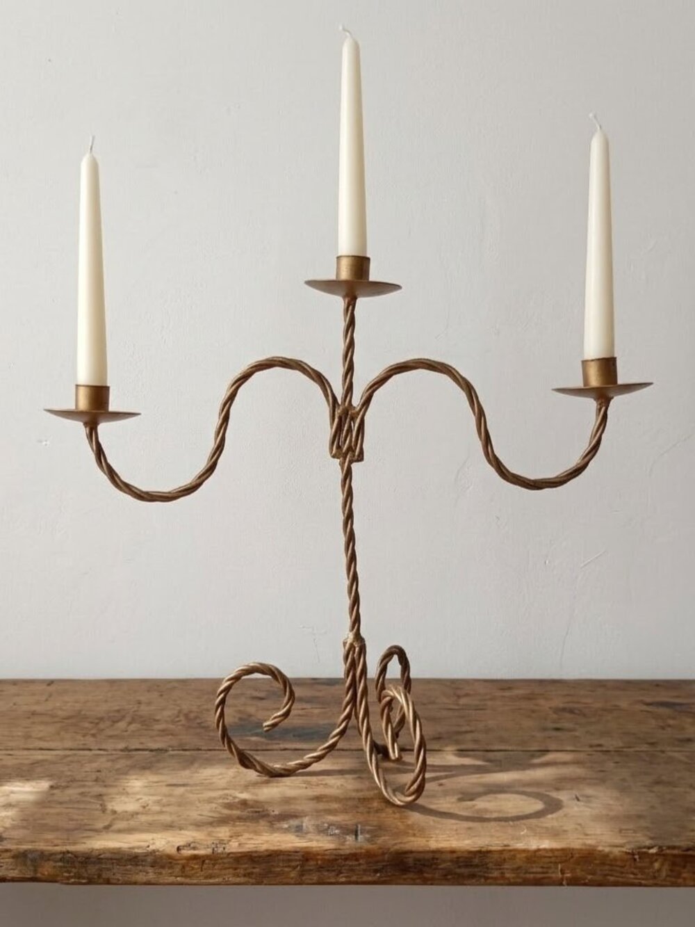 Vintage Twisted Metal Candelabra 3-Arm Candle Holder Gold Tone 15.5" MCM Style